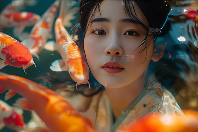 锦鲤汉服美女吉祥人像素材