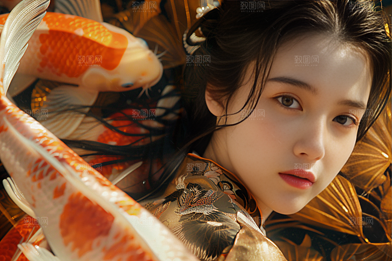 锦鲤汉服美女唯美古风素材