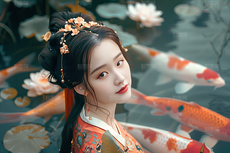 锦鲤汉服美女古风高清素材