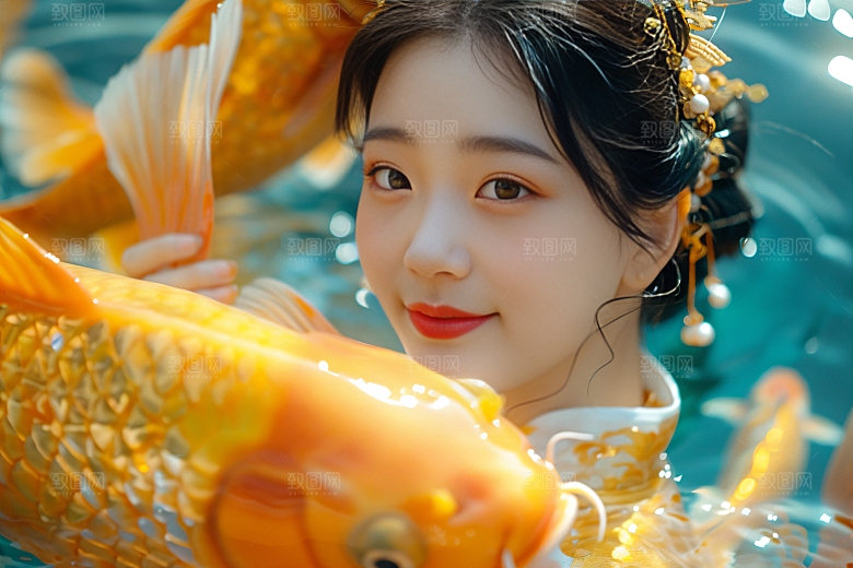 锦鲤汉服美女金鱼肖像素材