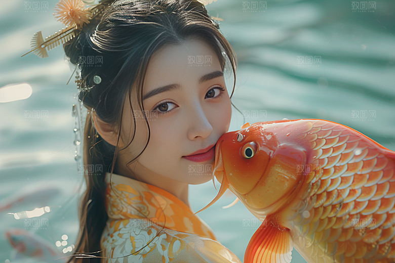 锦鲤汉服美女传统优雅素材