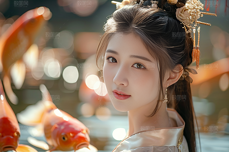 锦鲤汉服美女精致古风素材