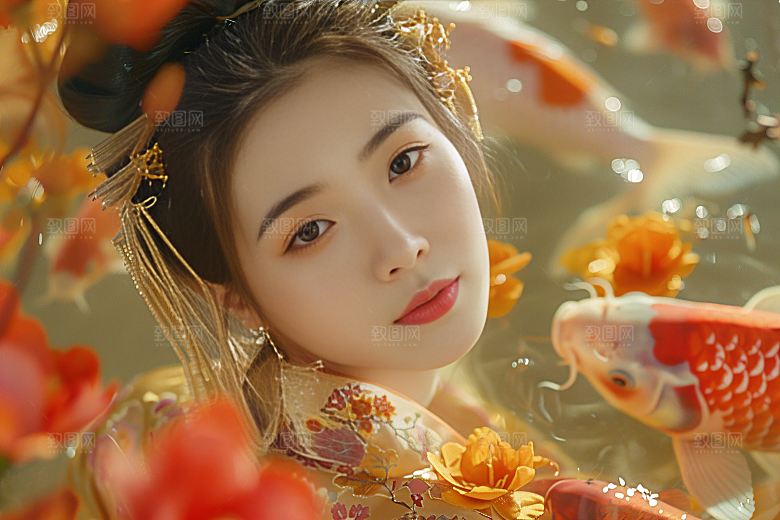 锦鲤汉服美女传统吉祥素材