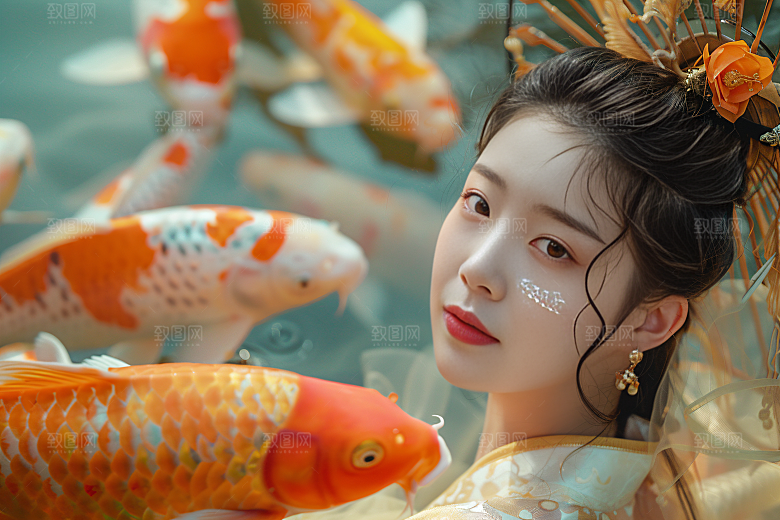 锦鲤汉服美女传统肖像素材