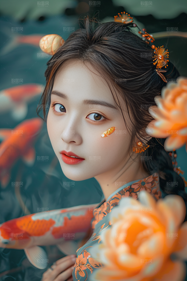 锦鲤汉服美女古风吉祥素材