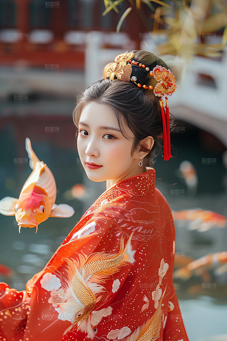 锦鲤汉服美女古风肖像素材