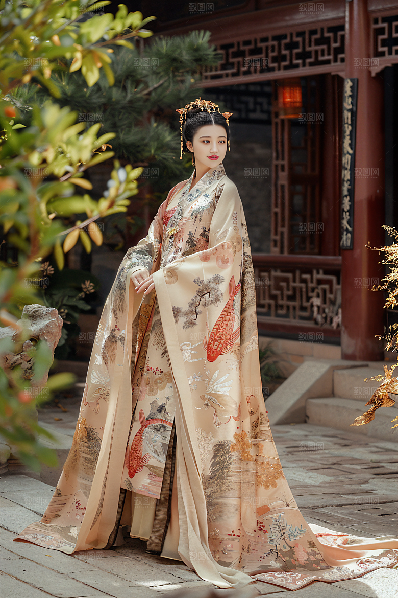 锦鲤汉服美女精致古风素材