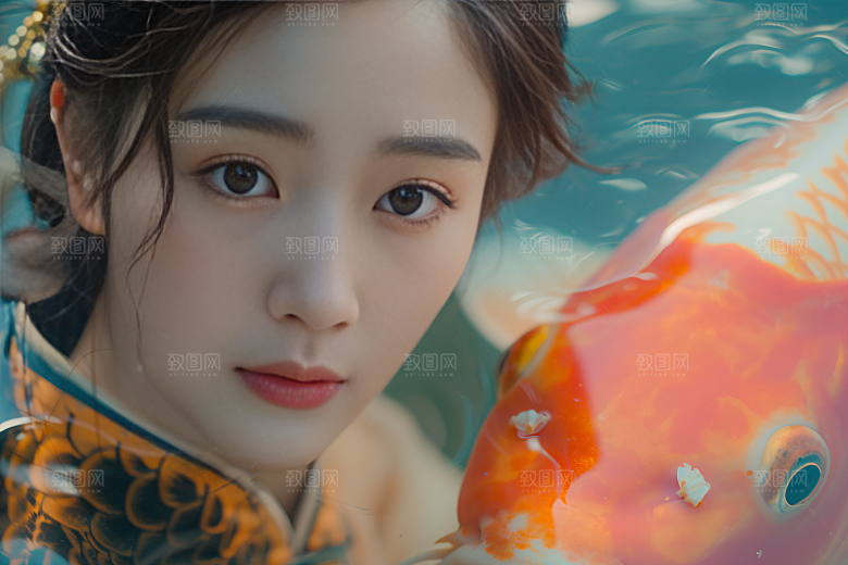 锦鲤汉服美女中国风高清素材