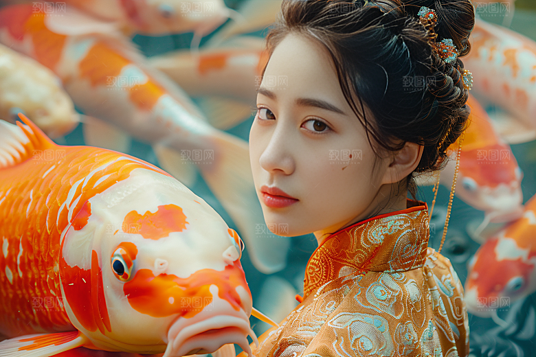 锦鲤汉服美女优雅吉祥素材