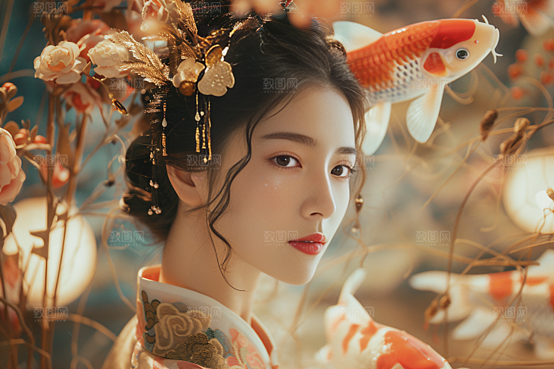 锦鲤汉服美女高清精致素材