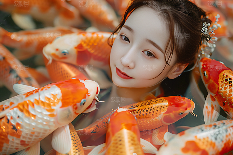 锦鲤汉服美女精致肖像素材