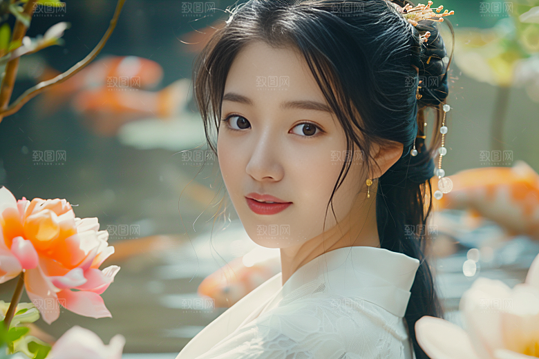 锦鲤汉服美女古风肖像素材