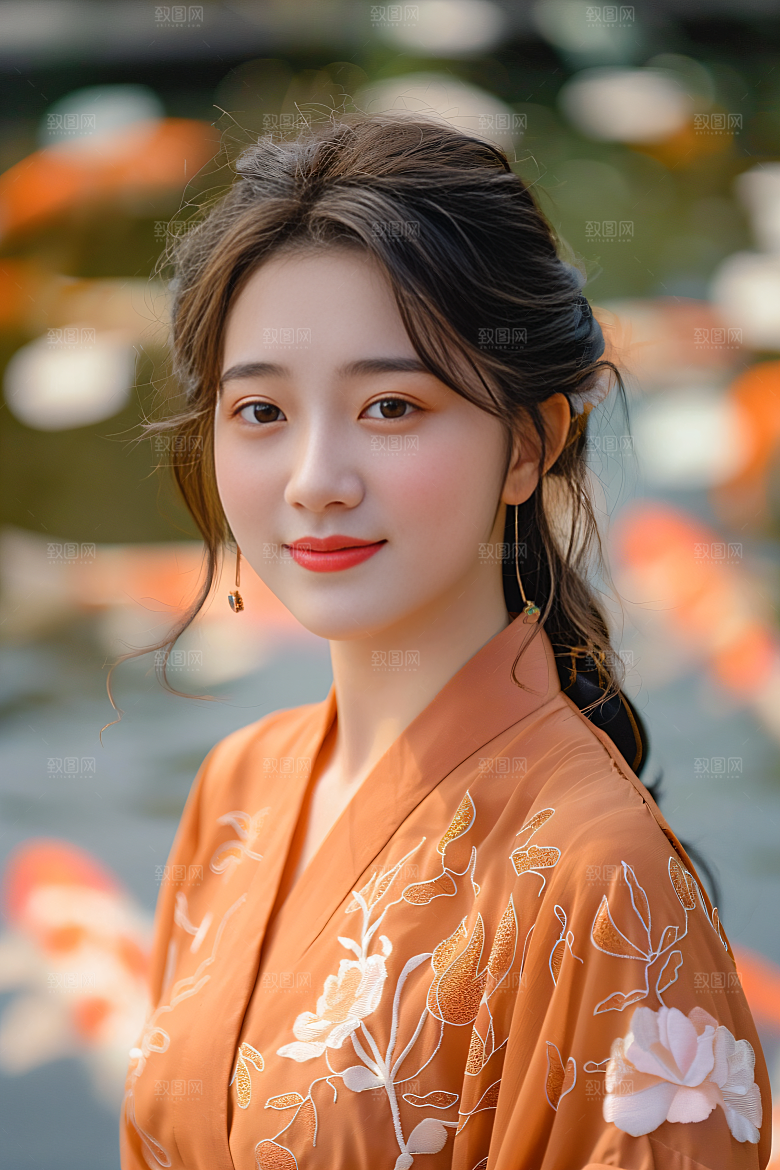 锦鲤汉服美女古风唯美素材