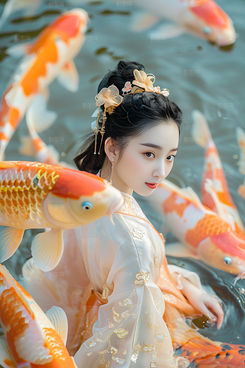 锦鲤汉服美女金鱼优雅素材