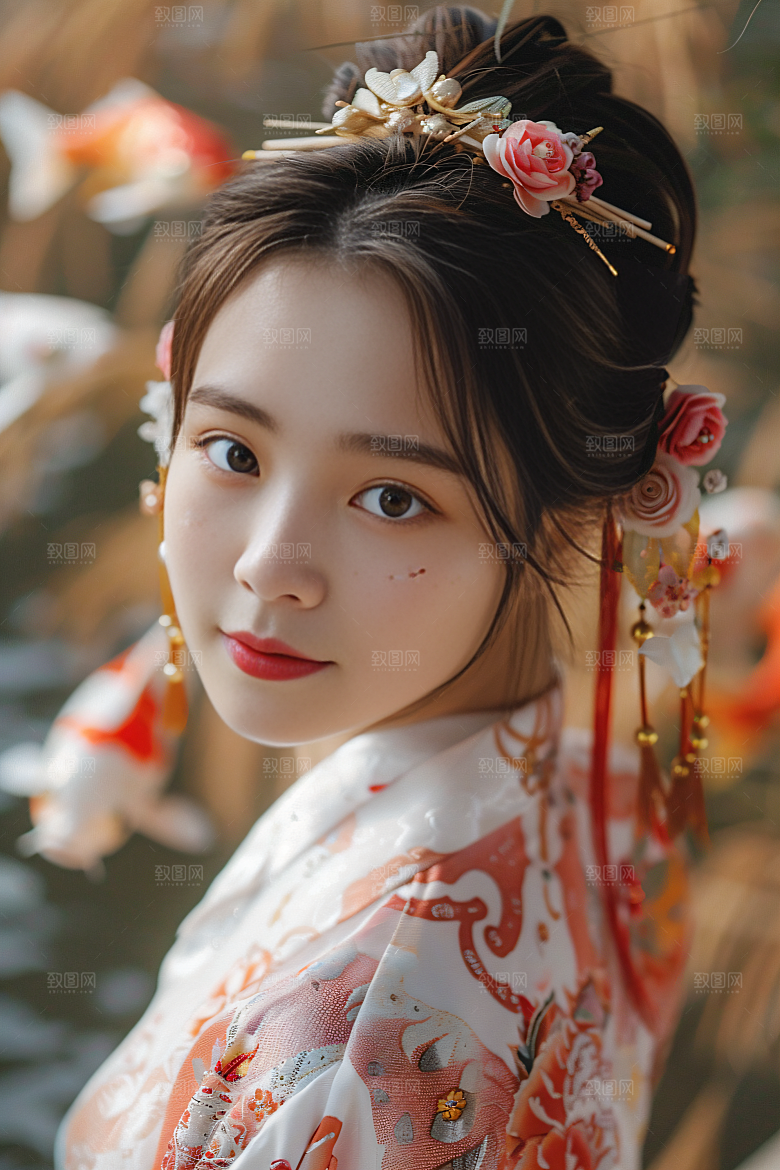 锦鲤汉服美女唯美吉祥素材