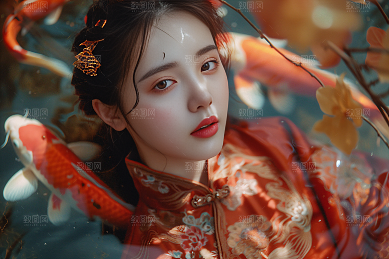 锦鲤汉服美女古风唯美素材