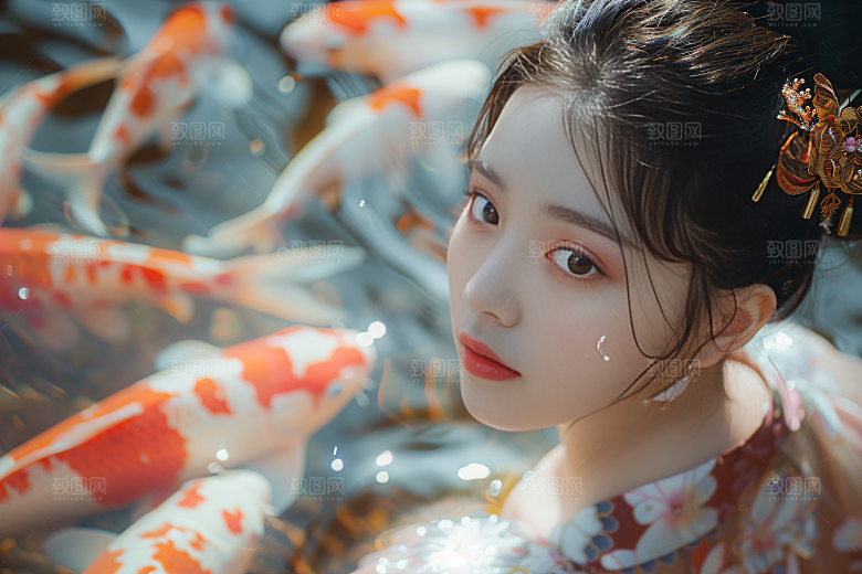 锦鲤汉服美女古风精致素材