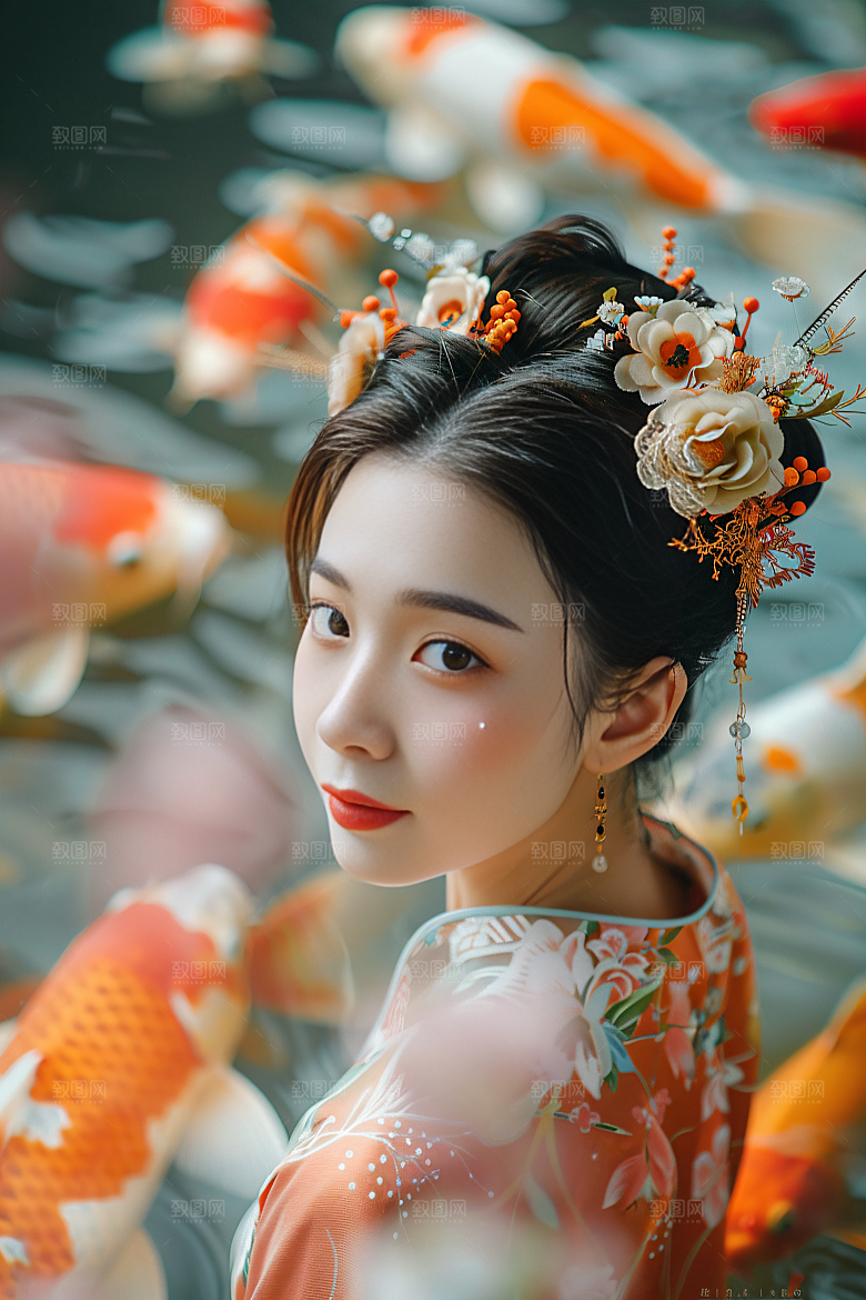 锦鲤汉服美女金鱼中国风素材