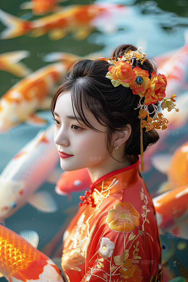 锦鲤汉服美女高清吉祥素材