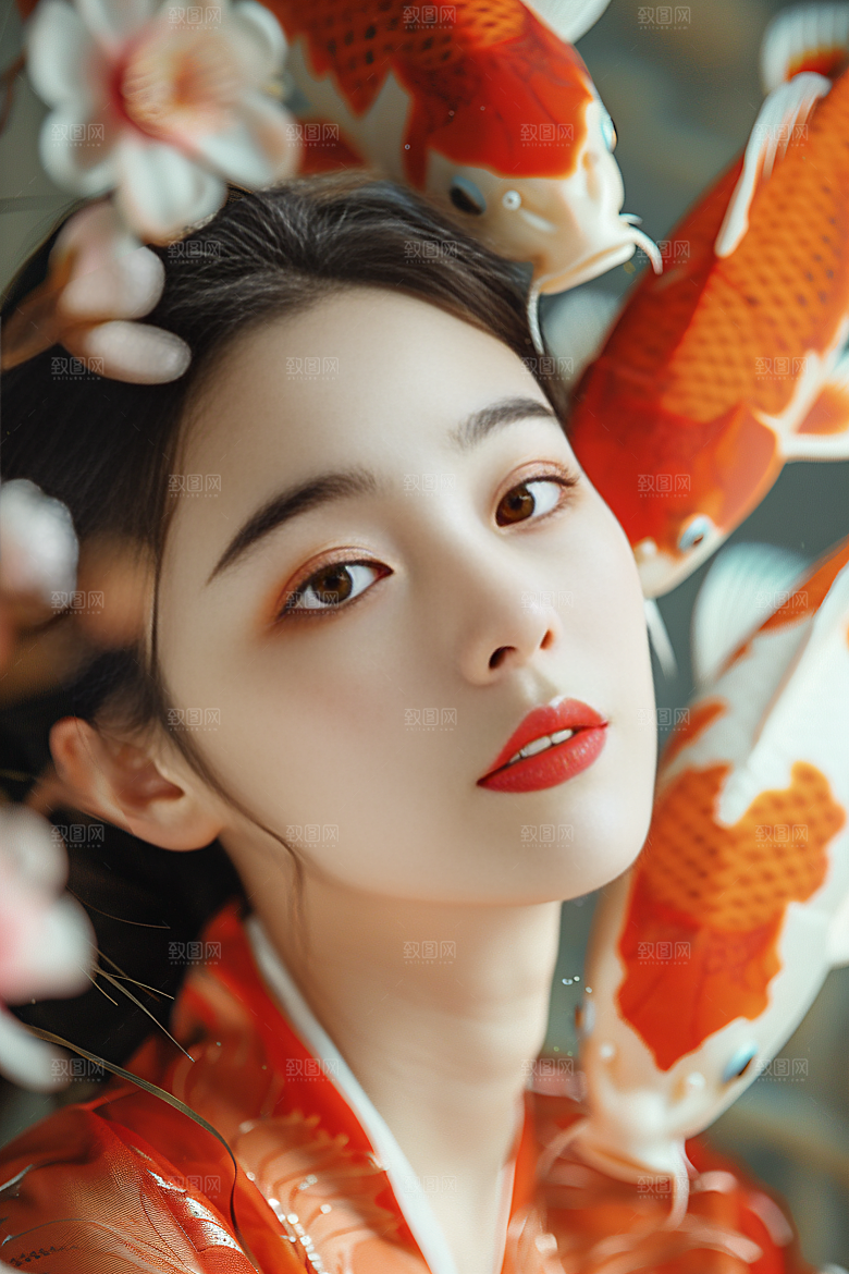 锦鲤汉服美女古风金鱼素材