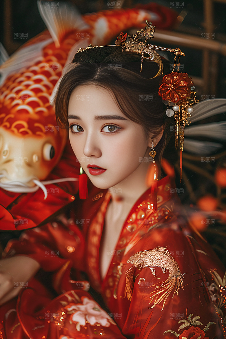 锦鲤汉服美女古风人像素材