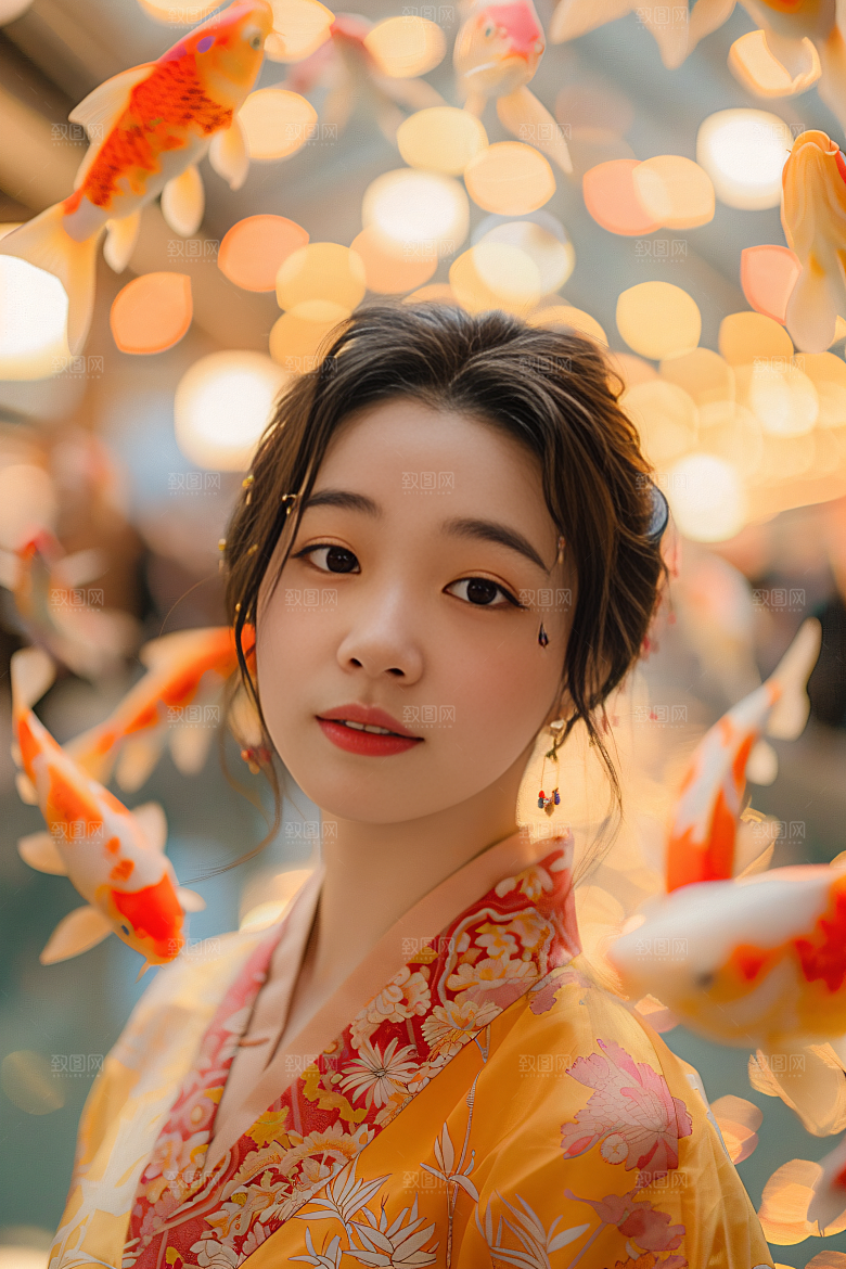 锦鲤汉服美女古风传统素材