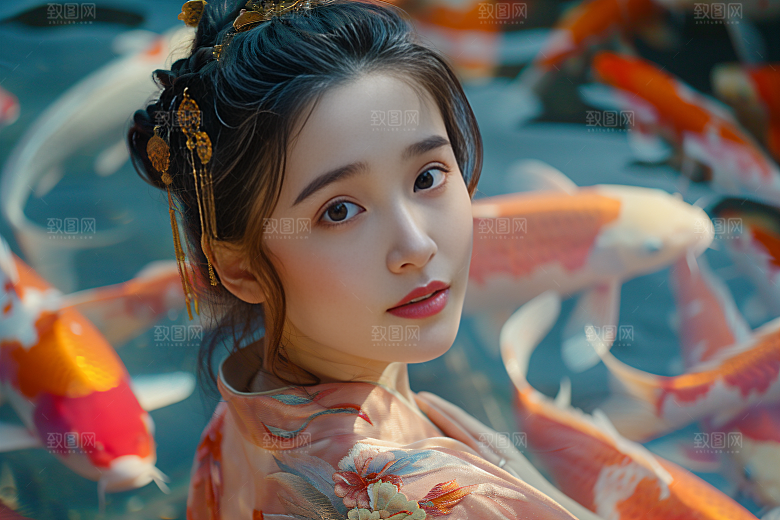 锦鲤汉服美女高清吉祥素材