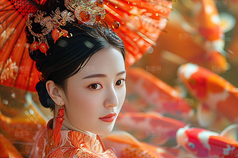 锦鲤汉服美女优雅古风素材