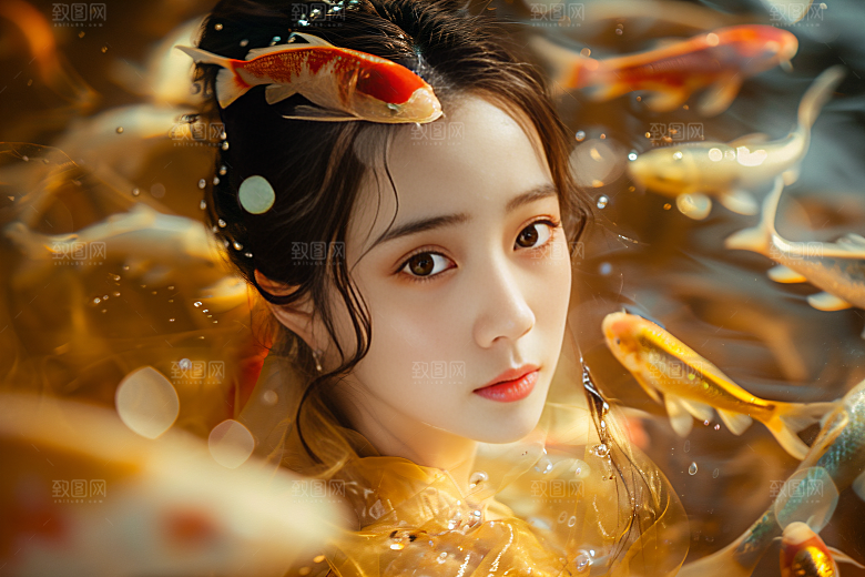 锦鲤汉服美女优雅古风素材