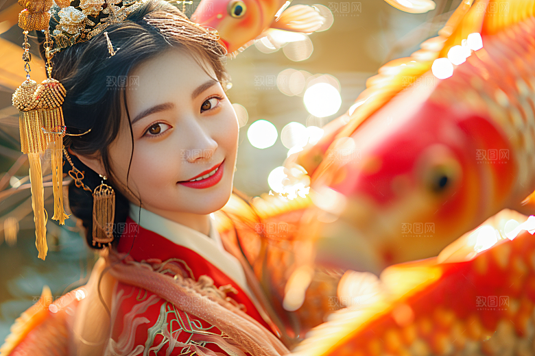 锦鲤汉服美女精致吉祥素材