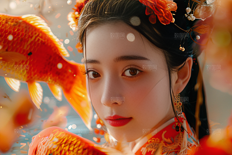 锦鲤汉服美女肖像高清素材