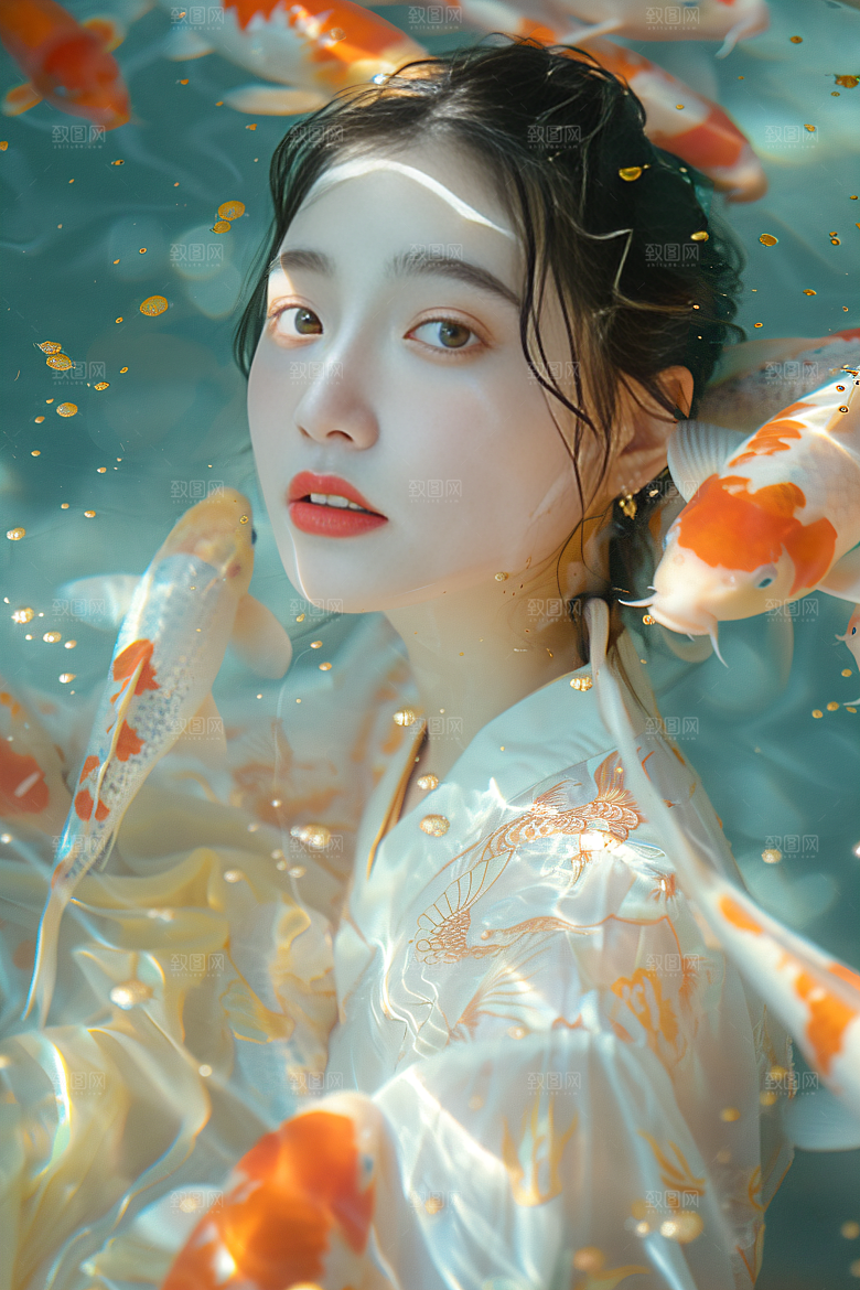 锦鲤汉服美女唯美古风素材