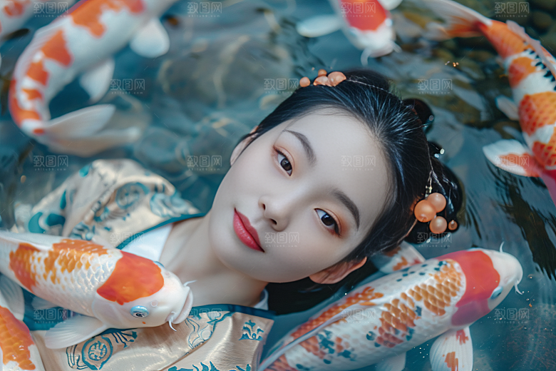 锦鲤汉服美女古风精致素材
