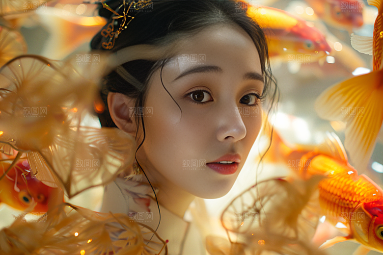 锦鲤汉服美女古风唯美素材