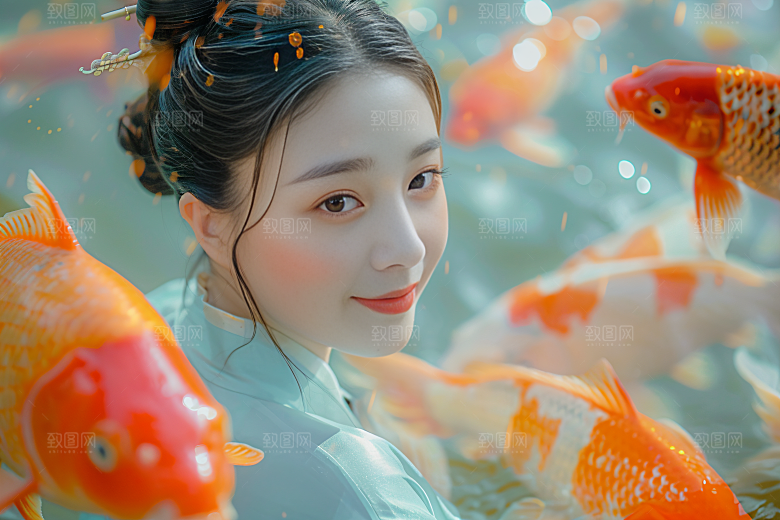 锦鲤汉服美女中国风吉祥素材