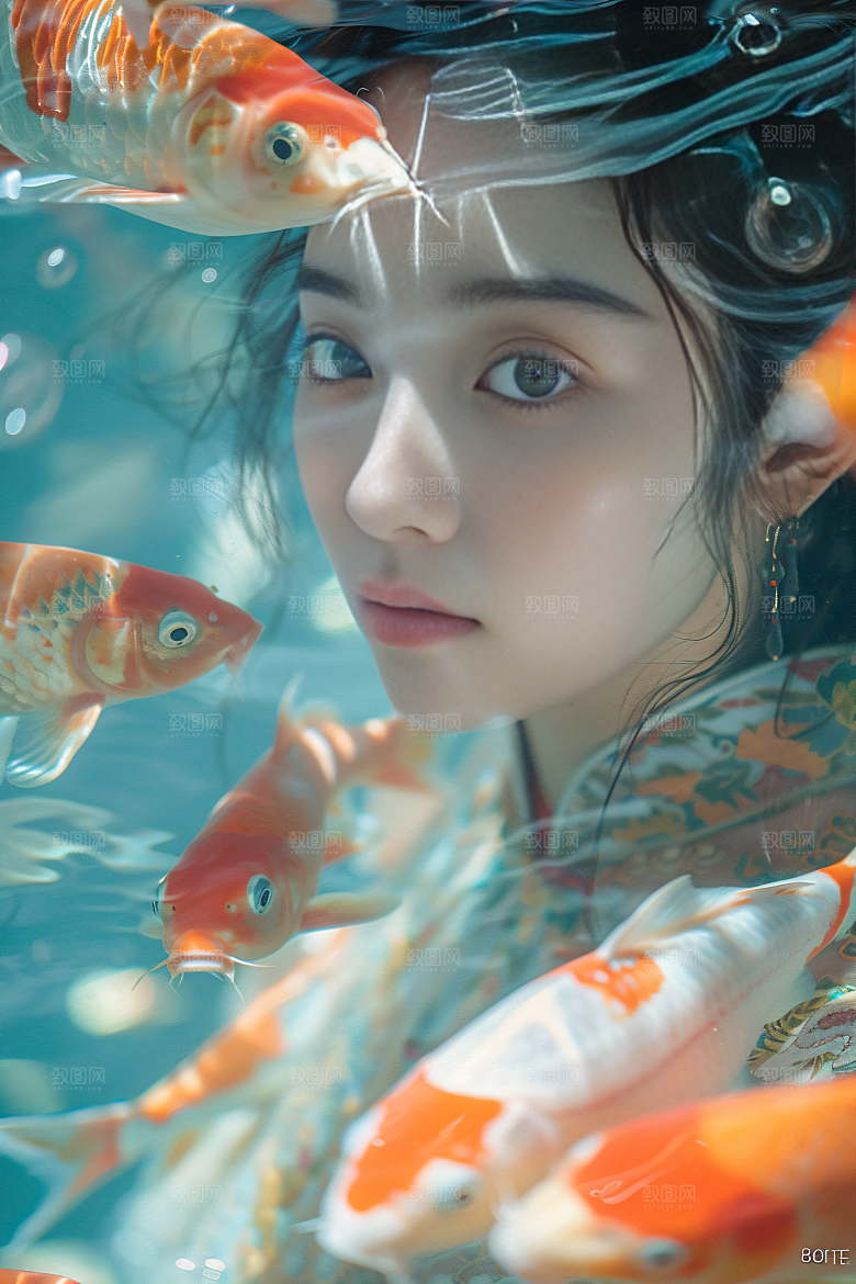 锦鲤汉服美女精致古风素材