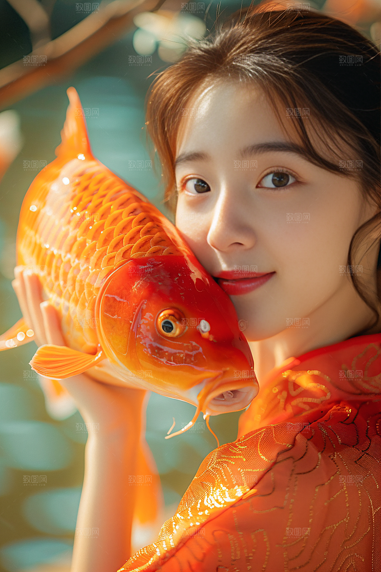 锦鲤汉服美女金鱼古风素材