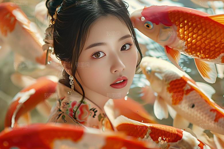 锦鲤汉服美女古风肖像素材