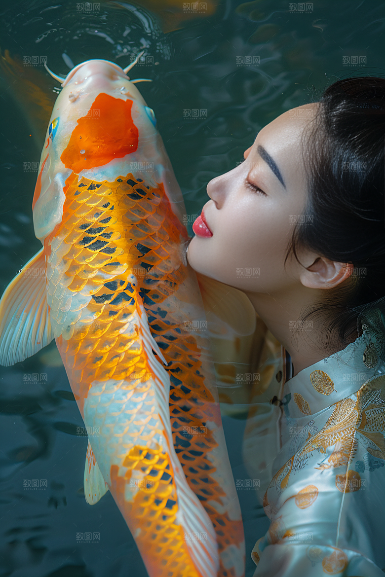锦鲤汉服美女吉祥古风素材