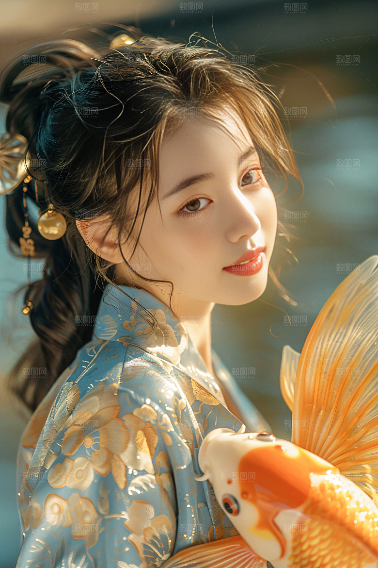 锦鲤汉服美女古风精致素材