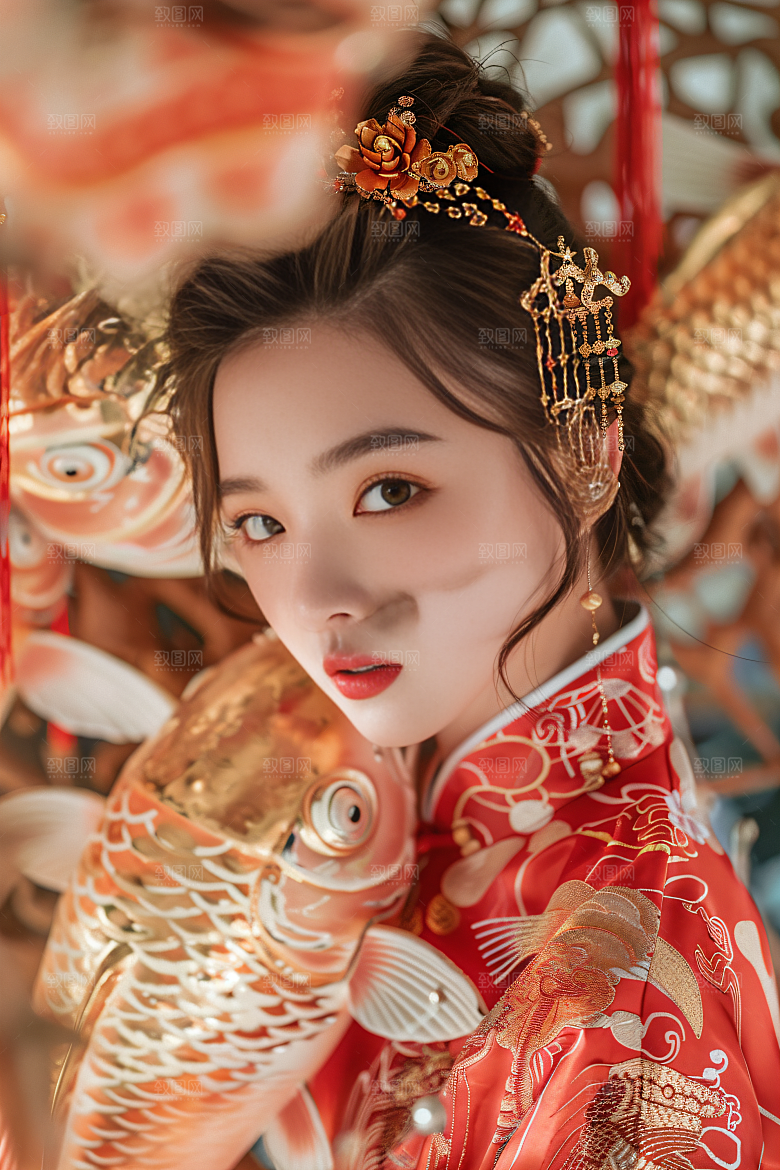 锦鲤汉服美女金鱼精致素材