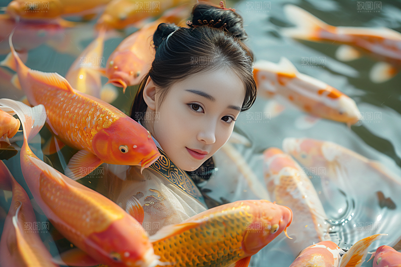 锦鲤汉服美女肖像金鱼素材