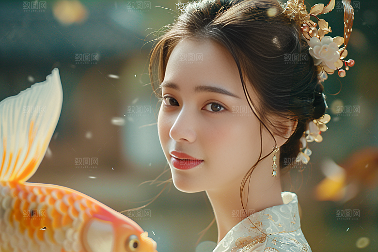 锦鲤汉服美女古风优雅素材