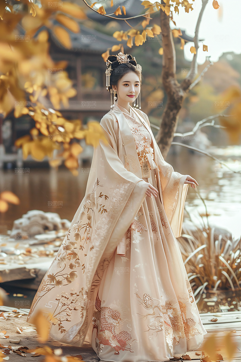 锦鲤汉服美女唯美高清素材