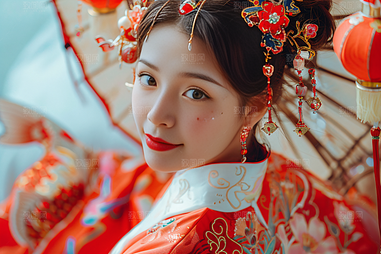 锦鲤汉服美女金鱼传统素材