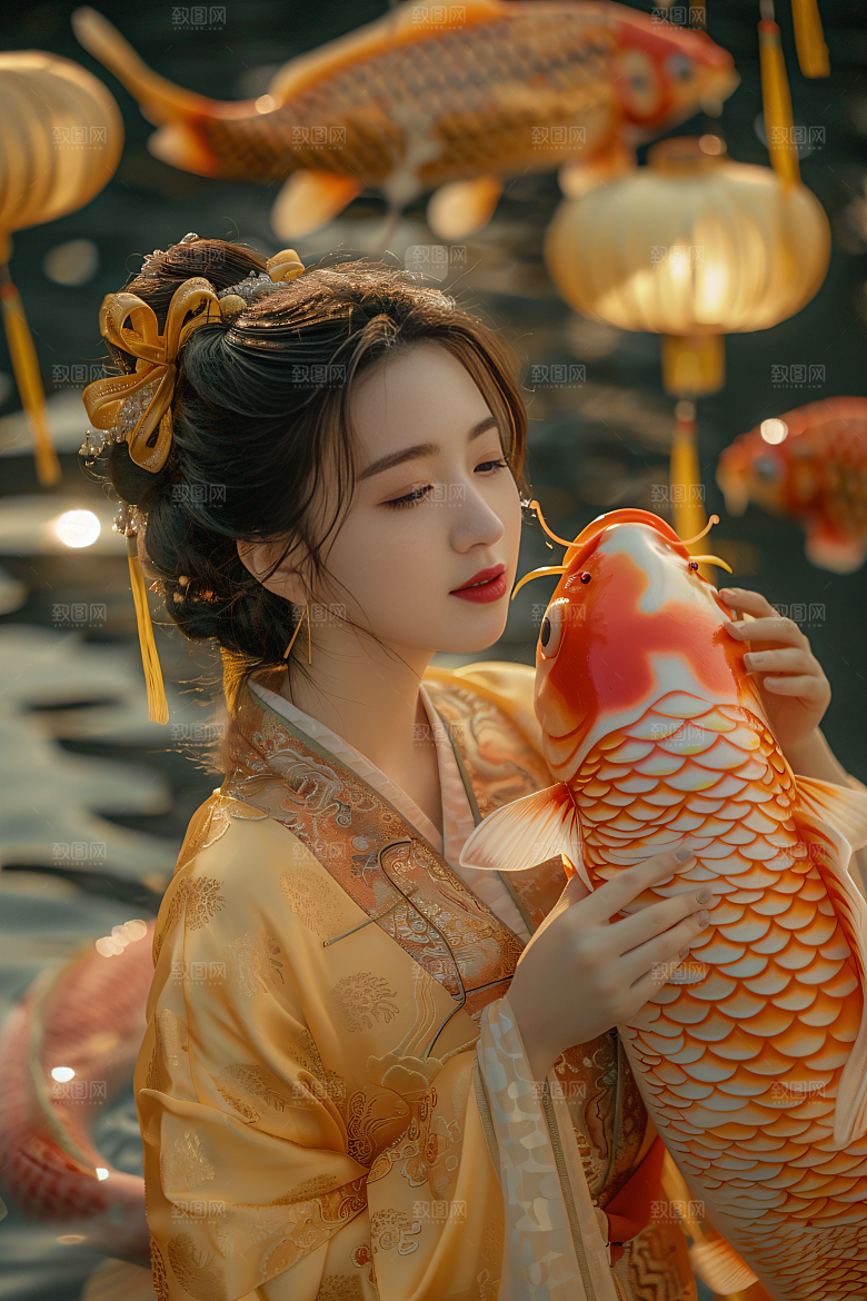 锦鲤汉服美女中国风优雅素材