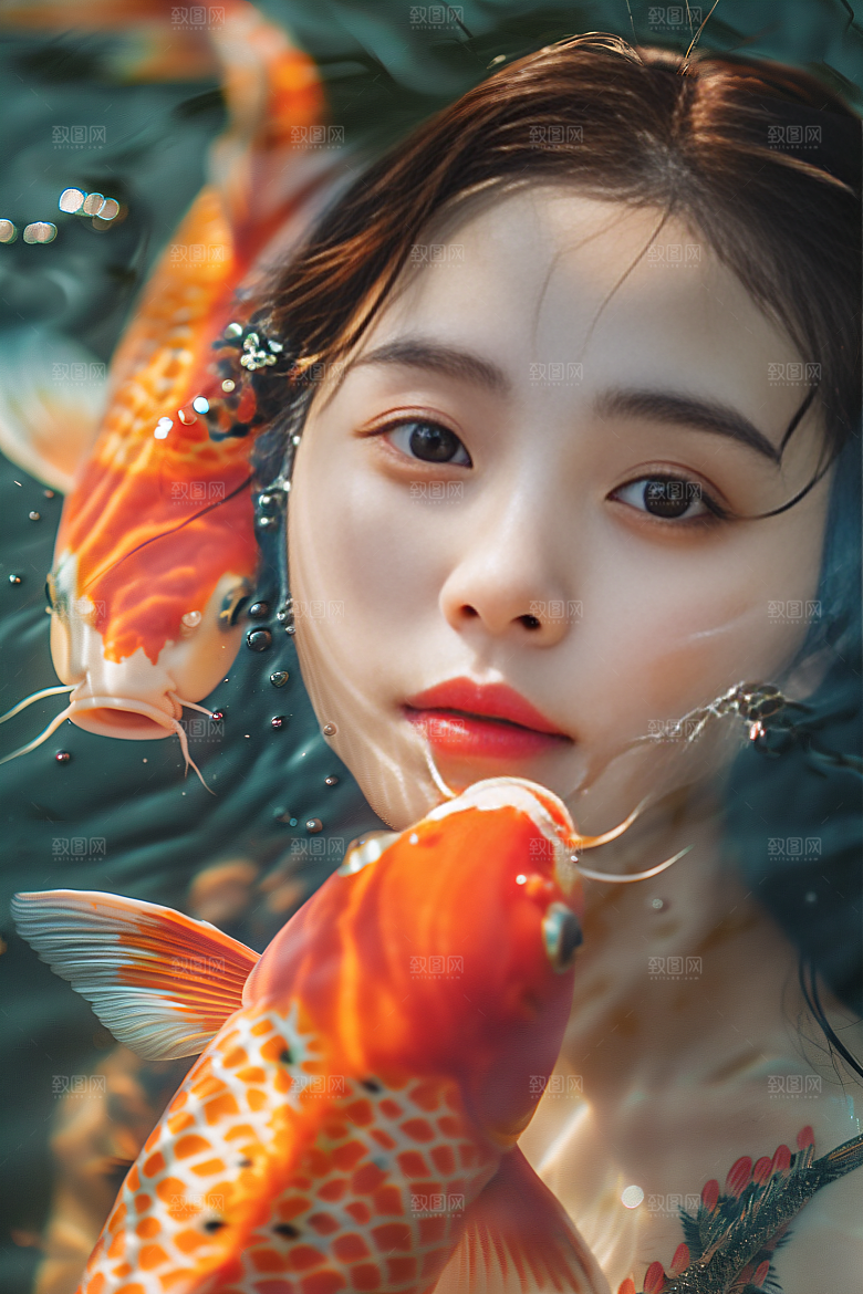 锦鲤汉服美女优雅中国风素材