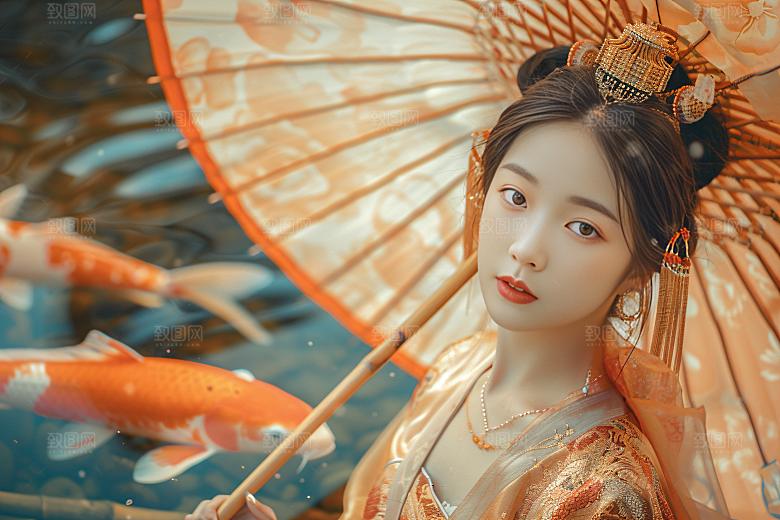 锦鲤汉服美女唯美金鱼素材