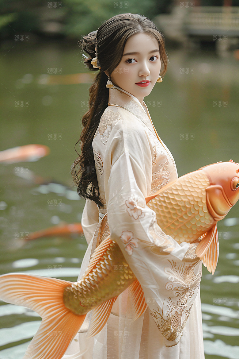锦鲤汉服美女金鱼古风素材
