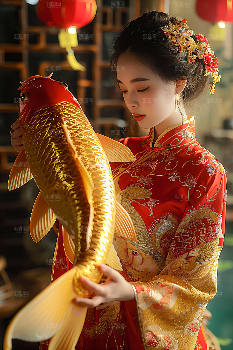 锦鲤汉服美女人像中国风素材